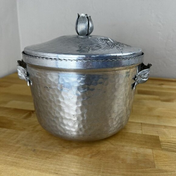 Vintage Mid Century Ice Bucket MCM TULIP Hammered Aluminum Lid Tongs Set - Picture 5 of 11